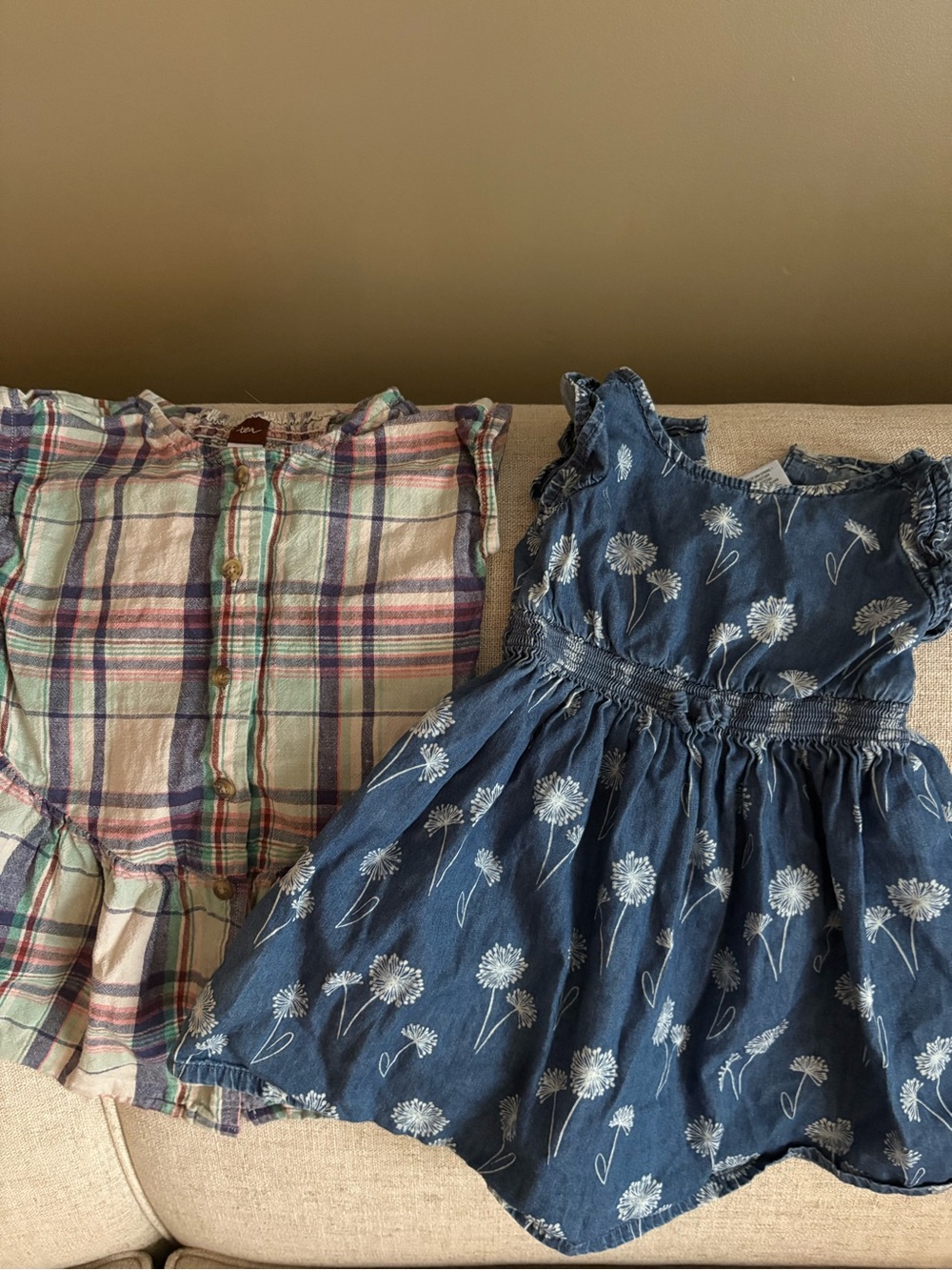 2 Girls' Dresses Blue Floral Denim Ruffle Sleeves 18-24M and Plaid 2T